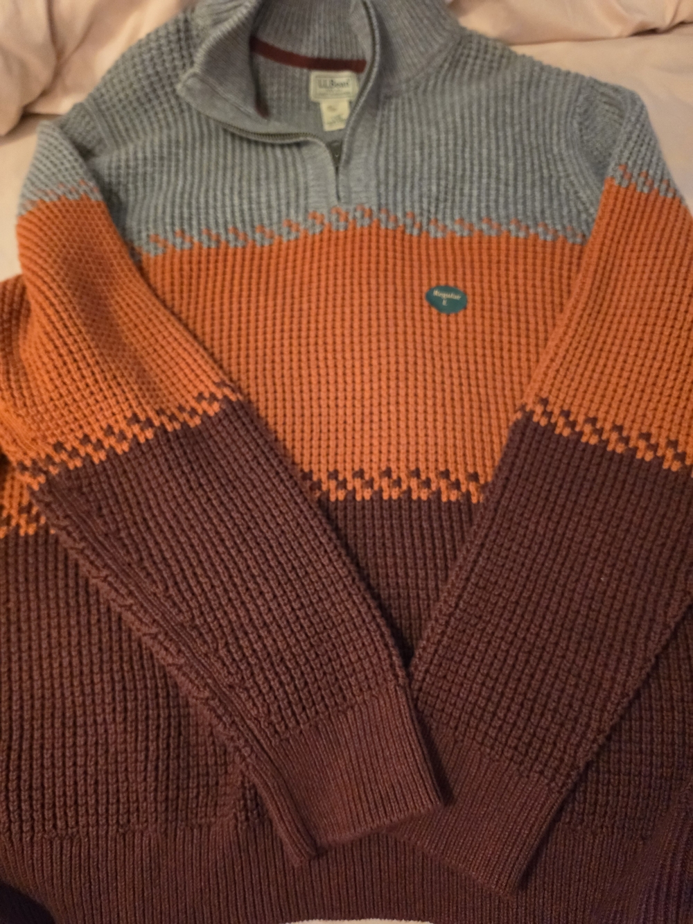 LLBean Quarter-Zip Ribbed Colorblock Sweater - Orange/Grey/Brown